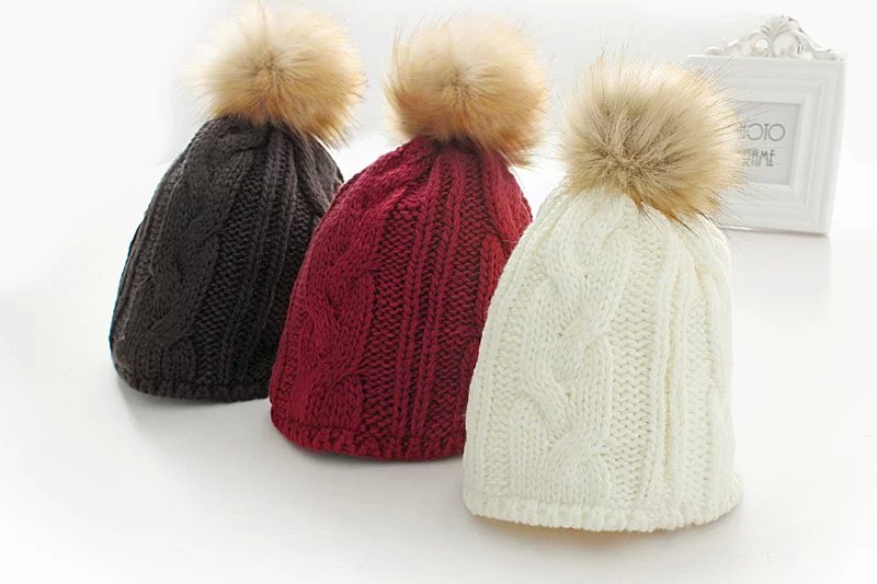Fashion women elegant winter thick warm fur ball knitted stretch casual brand hat white red brown