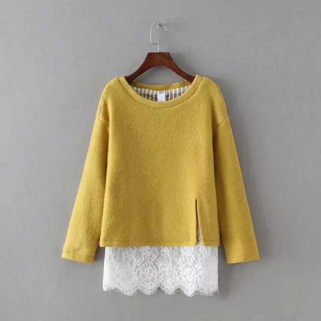 Fashion Women elegant Winter yellow woolen patchwork lace pullover Casual O-neck batwing sleeve brand hoodies sweatshirts