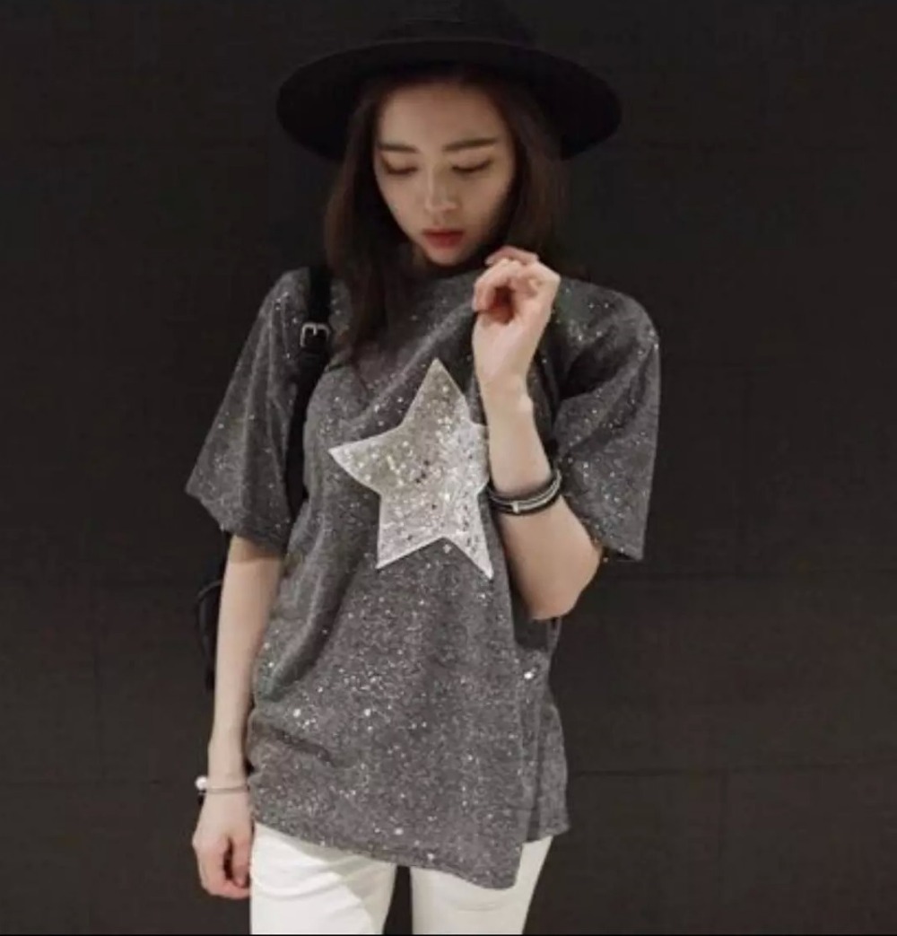 Fashion Women gray Silver sequins Star Embroidery gold beading loose T-shirt O-neck short sleeve Casual brand tops