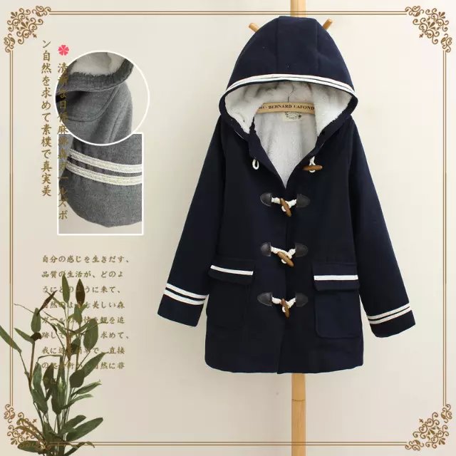 Fashion Women Pockets button blue woolen jacket Long Sleeve cotton coats hooded Winter thick warm casual Brand female