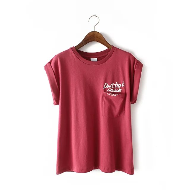 Fashion Women red Letter print pocket cotton T-shirt Casual short sleeve O-neck cozy shirt brand tops