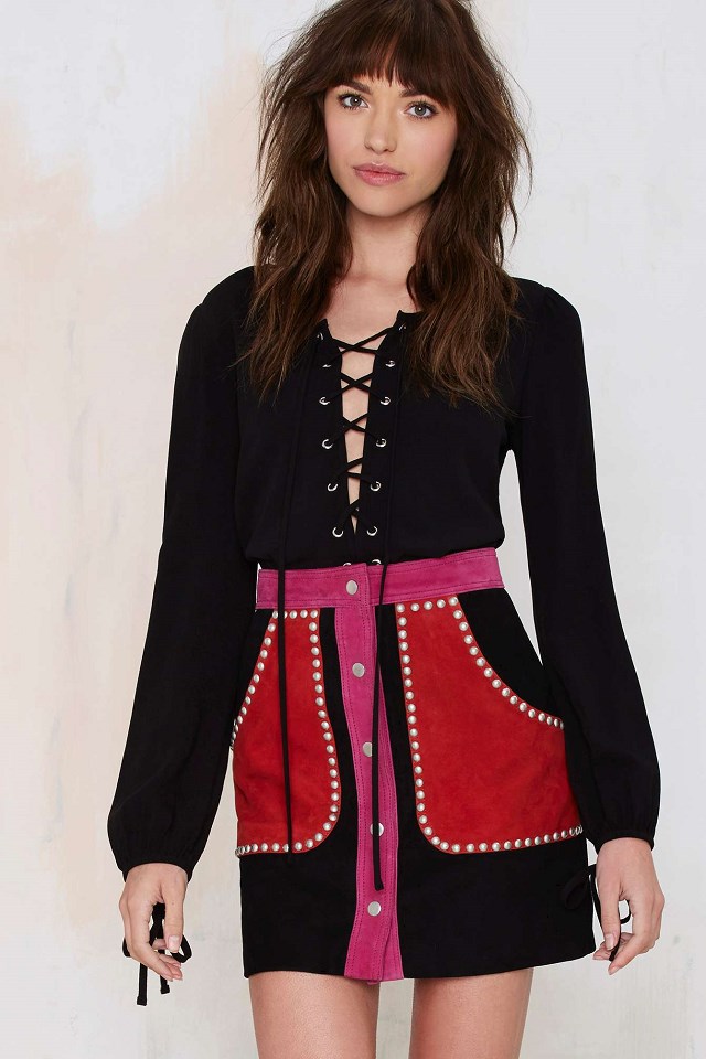 Fashion women Spring black red patchwork Faux Suede leather Rivet button high waist pocket A-line mini Skirt casual brand