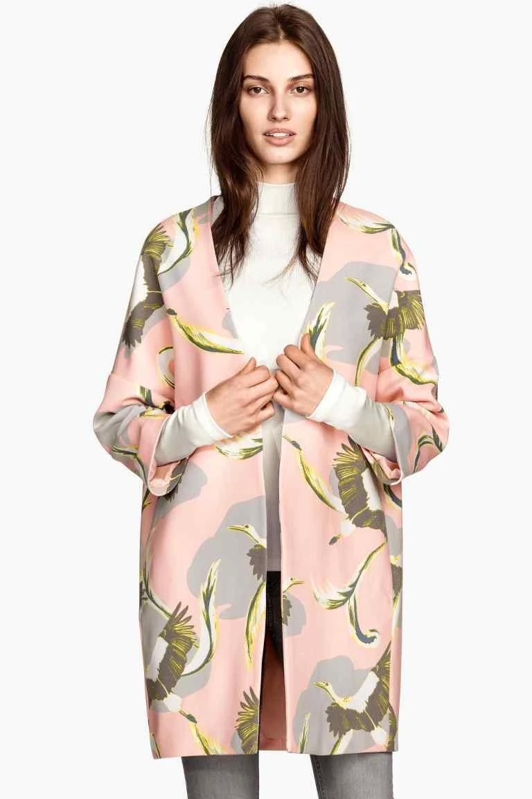Fashion Women vintage Pink bird Print long jacket Three Quarter sleeve pocket coat outwear casual loose brand for female