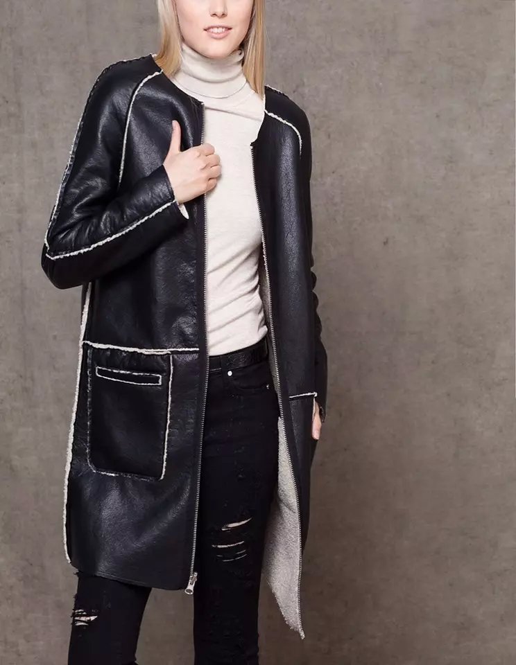 Fashion women winter thick warm Black Faux leather fur Two-sided wear long jacket coat zipper O-neck pocket casual brand