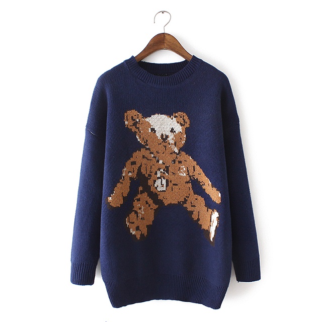 Fashion Women winter thick warm cute blue bear pattern O-neck Knitted Sweaters Pullovers batwing Sleeve Casual brand tops