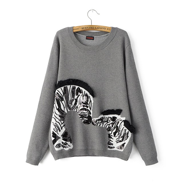 Fashion Women winter thick warm Gray Sequines tassel Zebra pattern Knitted Sweater Pullover long Sleeve Casual brand