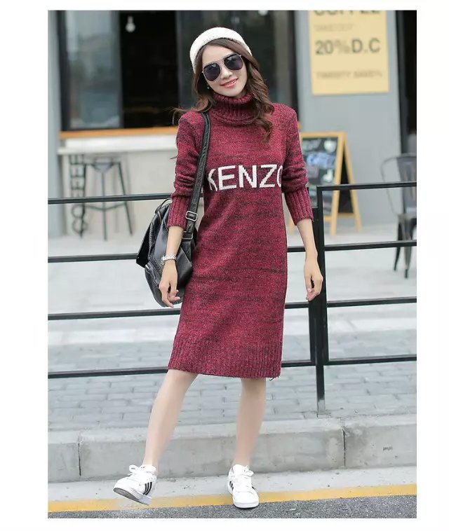 Fashion women Winter thick warm letter pattern Turtleneck Knitted Knee-Length Dress red Vintage long sleeve casual brand