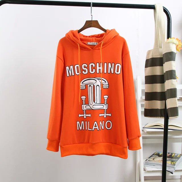 Fashion women Winter thick warm orange Drawstring hooded Letter print sport Pullovers hoodies Sweatshirt Casual brand tops