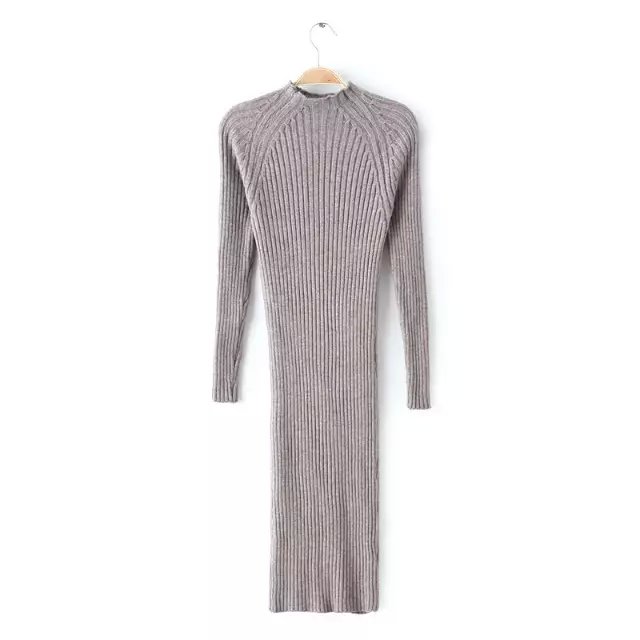 Fashion Women Winter warm Elegant gray Knitted Mid-Calf Dress vintage Turtleneck long sleeve stretch casual brand vestidos