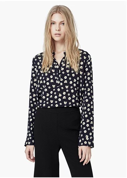 Sping Fashion Women Elegant cotton black Floral print blouse Vintage Turn-down collar Long sleeve shirts casual brand tops