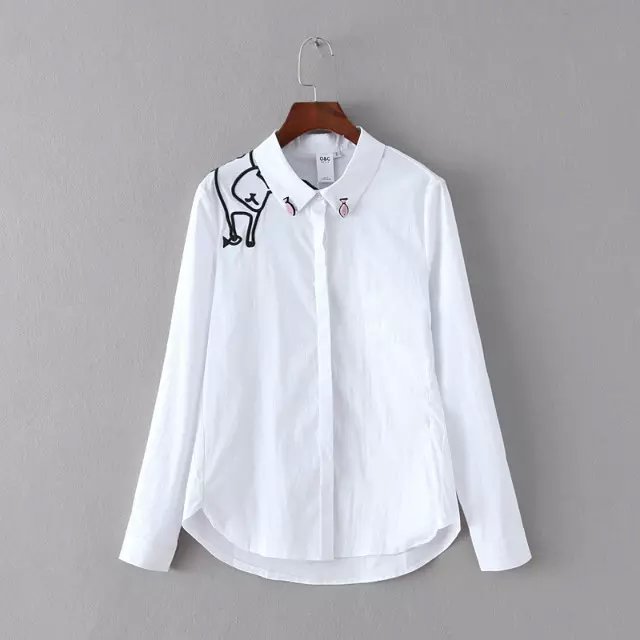 Spring Fashion elegant cute women Cat fish embroidery white Turn-down collar blouse button long sleeve casual brand tops