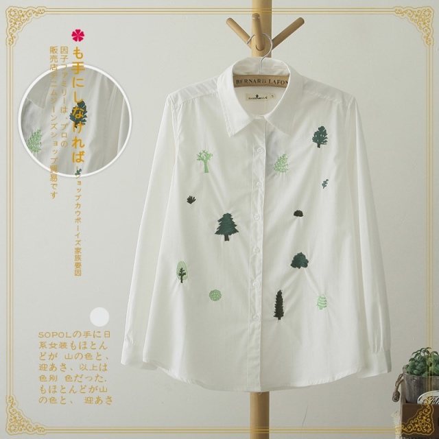 Spring Fashion white tree Embroidery cotton blouse for women vintage turn-down collar long sleeve button casual brand