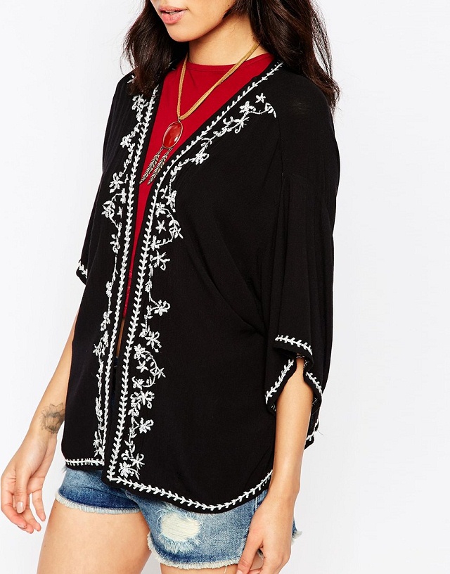 Spring Fashion women black floral Embroidery Kimono loose vintage outwear Three Quarter sleeve casual cardigan brand tops