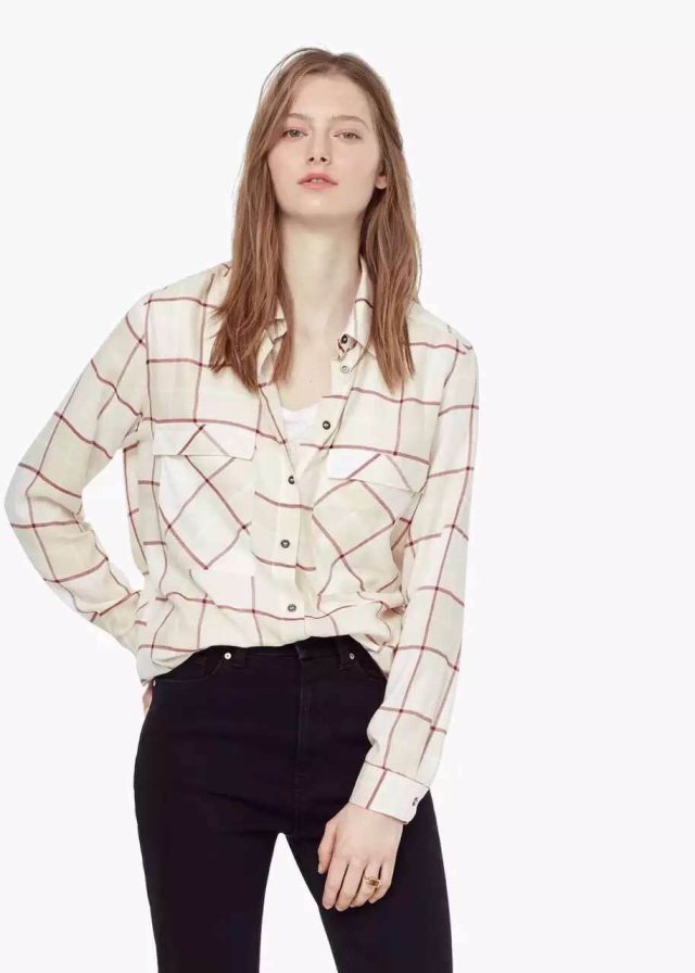 Spring Fashion Women cotton beige Plaid Print Blouse Vintage turn-down collar button pocket Office Shirt loose Casual Brand