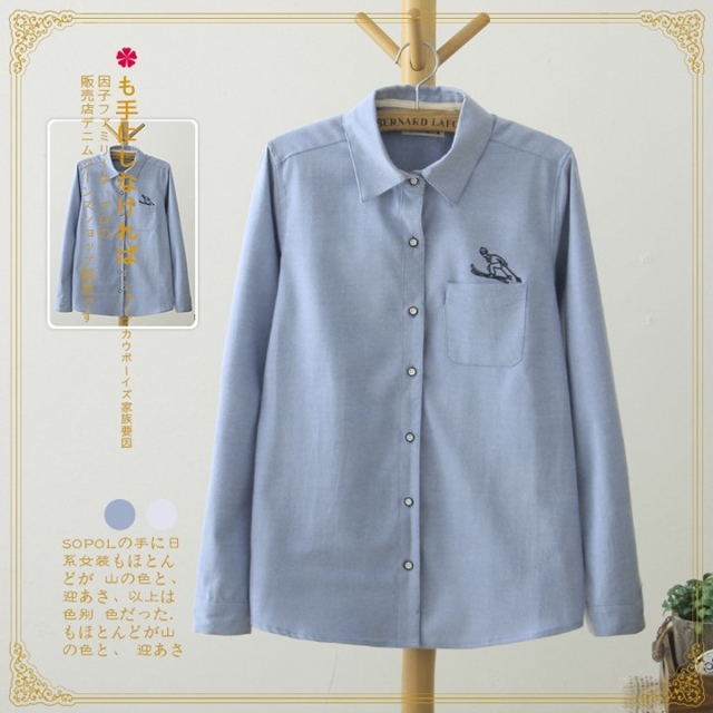 Spring Fashion women cotton blue skiing Embroidery blouse long sleeve button pocket turn-down collar Shirts casual brand
