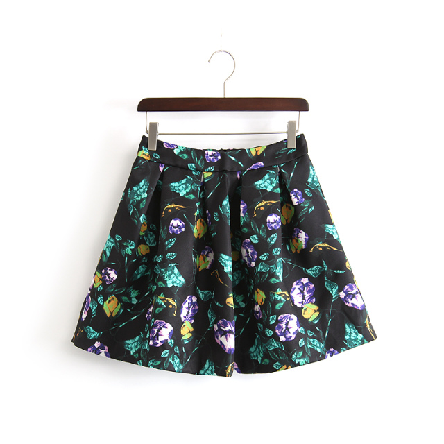 Spring Fashion Women Elegant black floral Print mini pleated skirts Back Zipper Vintage high waist Casual brand plus size
