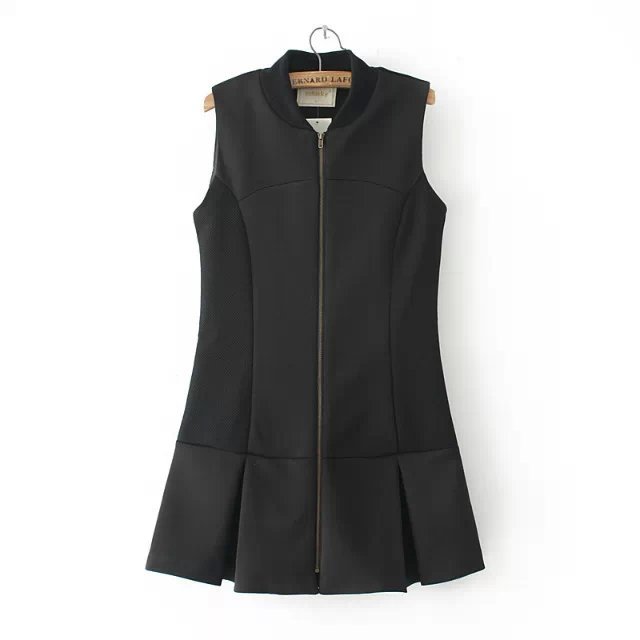 Spring Fashion women elegant black mesh patchwork Sleeveless stand collar Zipper mini pleated Dress casual brand vestidos