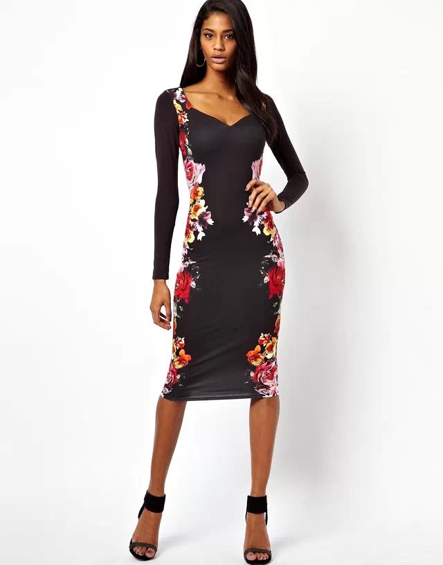 Spring Fashion women Elegant black rose print sexy sheath Knee-Length Dress long sleeve V-neck stretch Casual brand female
