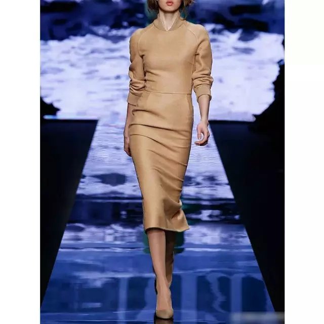 Spring Fashion women elegant khaki faux suede leather Mid-Calf Sheath Dress vintage long sleeve stand collar casual brand