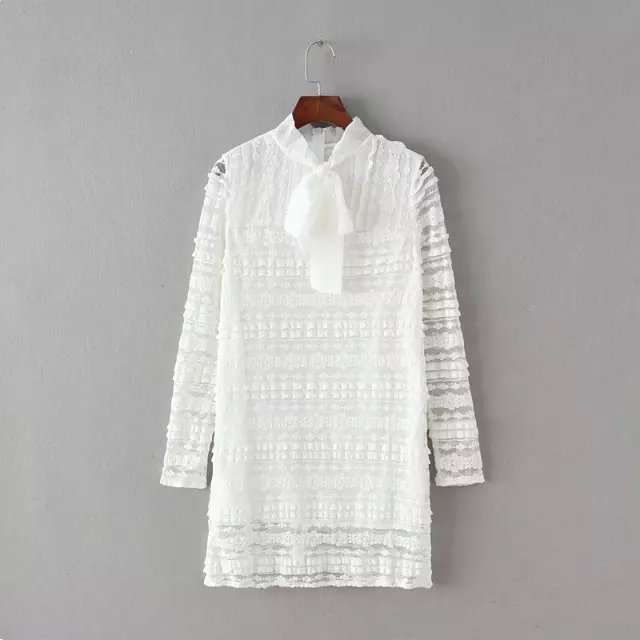 Spring Fashion women elegant sexy lace hollow out white long sleeve Dress bow ruffled collar loose causal brand vestidos