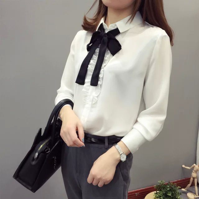 Spring Fashion Women elegant sweet bow tie white ruffle cotton blouses peter pan collar button shirt casual brand tops