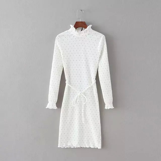 Spring Fashion Women elegant thick white dots print with belt Dress long Sleeve Ruffled neck stretch fit casual brand
