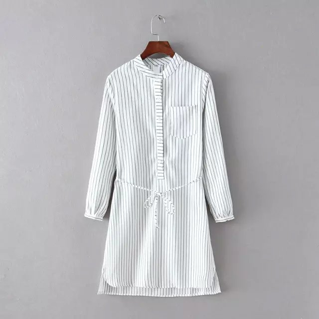 Spring Fashion Women Elegant thick white striped print Dress vintage button pocket stand collar long Sleeve casual brand