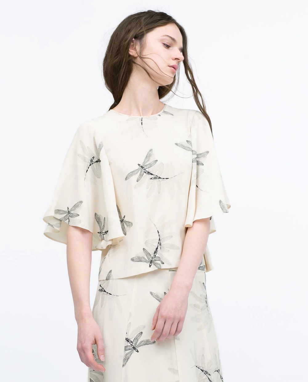Spring Fashion Women Elegant Vintage beige Dragonfly Print O-neck Blouse Butterfly Half sleeve Casual brand female