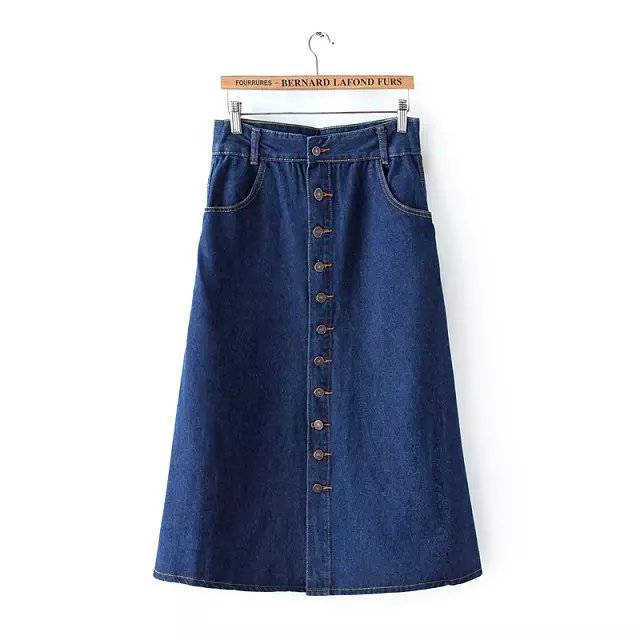 Spring Fashion women elegant vintage Button Pocket Blue Denim A-Line Knee Length Skirts quality casual brand female