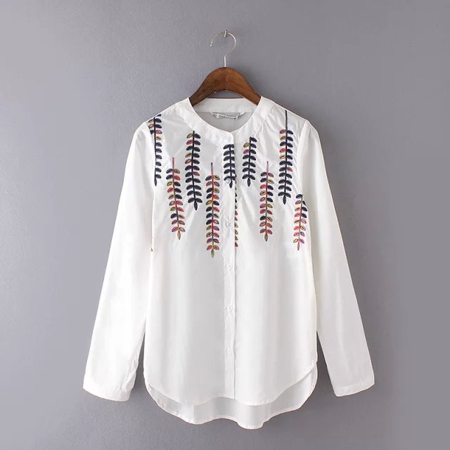 Spring Fashion Women elegant white osier Embroidery cotton blouse vintage stand collar long sleeve button casual brand