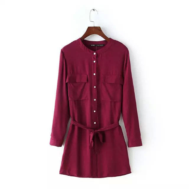 Spring Fashion Women elegant wine red cotton with belt button mini shirt Dress O-neck Long sleeve pocket casual brand