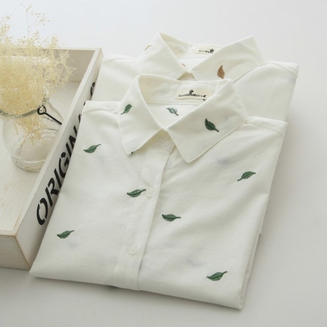 Spring Fashion Women green Leaf Embroidery cotton Linen white blouse turn-down collar long sleeve button casual brand