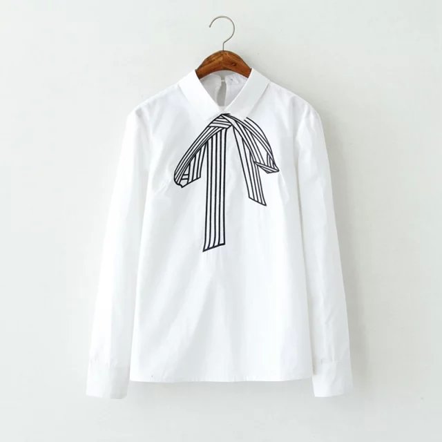 Spring Fashion women School style bow tie embroidery white Turn-down collar blouse vintage long sleeve shirt casual brand