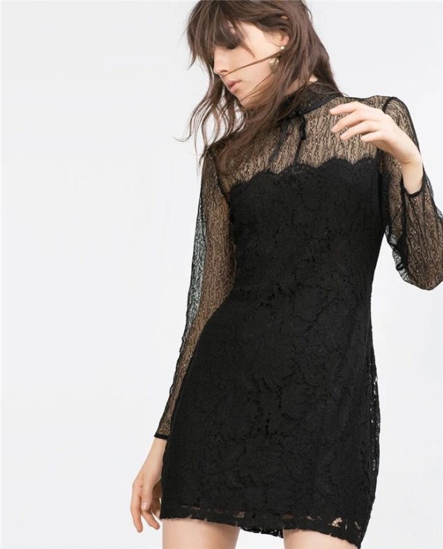 Spring Fashion women sexy hollow out lace black long sleeve see through mini Dress bow stand collar back zipper brand