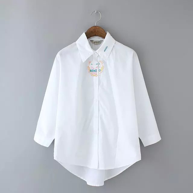 Spring Fashion women tiger letter embroidery white Turn-down collar blouse button Three Quarter sleeve loose casual brand