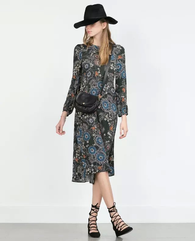 Spring Fashion women vintage Boho floral print back zipper cotton Mid-calf pleated Dress long sleeve O-neck brand vestidos