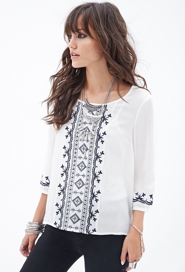 Spring Fashion Women white Geometric Embroidery short blouse vintage O-neck Three Quarter sleeve casual brand tops