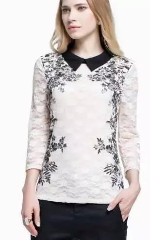 Spring Fashion Women white sexy Lace floral print Three Quarter Sleeve Blouse Peter pan Collar casual brand female tops