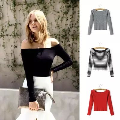 Spring women fashion Knitted Sweaters stretch short pullovers sexy Slash-neck off shoulder casual long sleeve Brand Tops