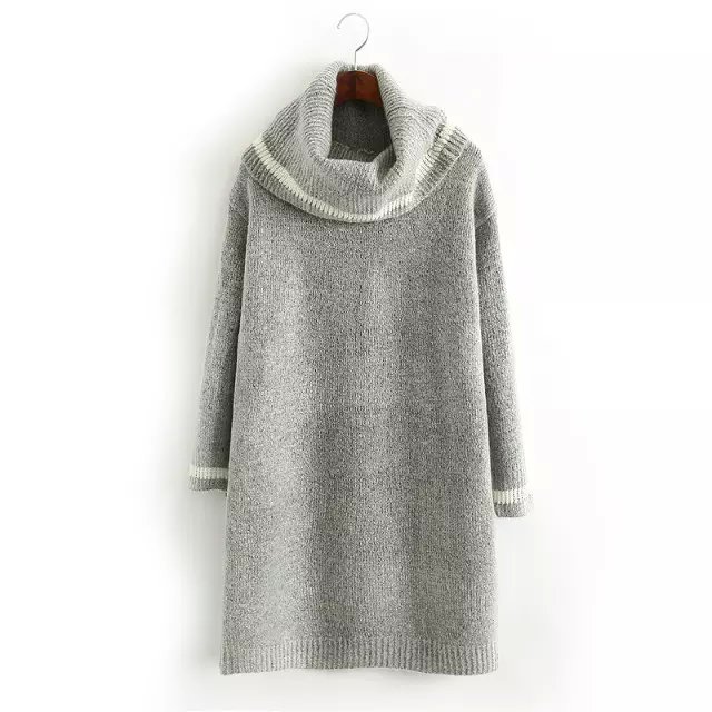 Winter Fashion women Elegant thick warm Turtleneck Knitted mini Straight Dress Gray Vintage long sleeve casual brand