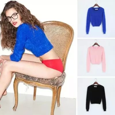 Winter women Fashion sexy knitted pullover long sleeve O-neck knitwear Casual brand thick warm short cropped sweater