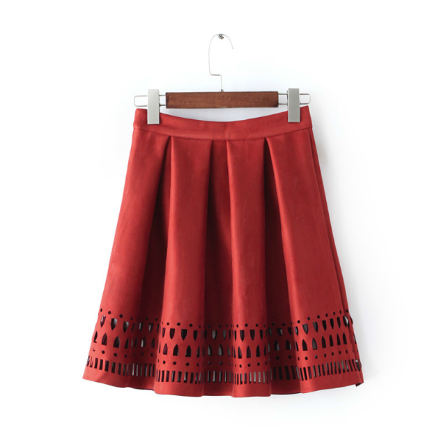 Women spring Fashion elegant red Faux Suede leather high wait hollow out side zipper pleated Knee-Length Skirt casual brand