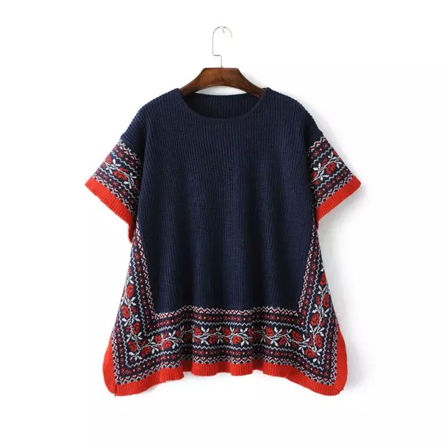 Women Sweaters Fashion Vintage blue floral pattern Knitted short Sleeve Pullovers O-neck loose Casual brand Cloak