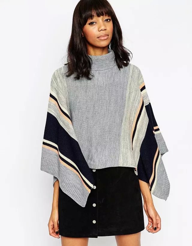 Women Sweaters Fashion winter warm gray Striped pattern Knitted irregular batwing Sleeve Turtleneck vintage loose Cloak