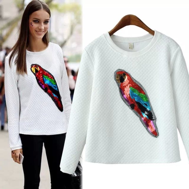 Women Sweatshirt Spring Fashion white paillette embroidery bird Pullover vintage long sleeve Casual brand Moletom Feminino