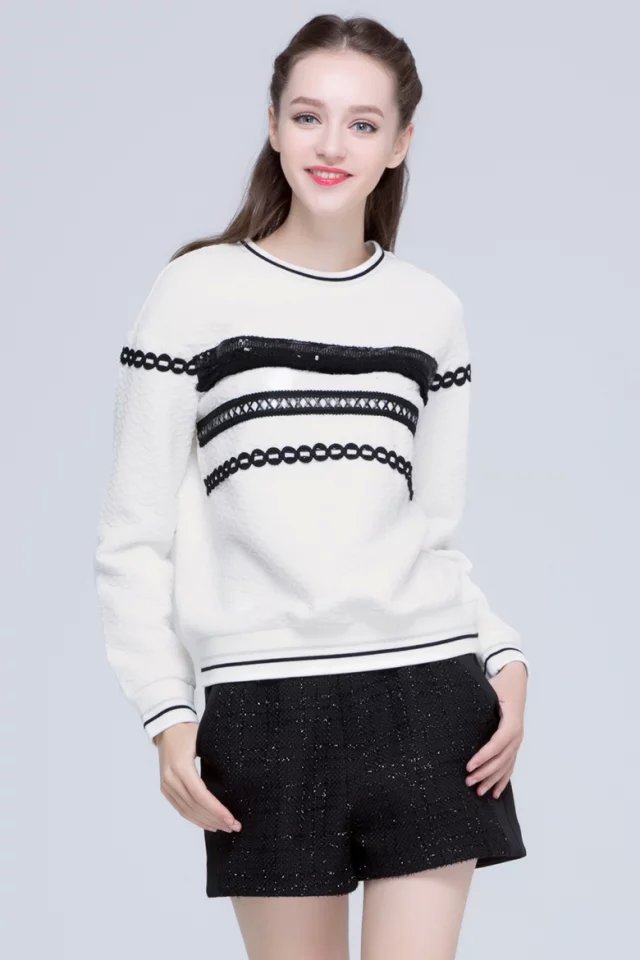 Women sweatshirts Fashion White lace sequins tassel patchwork pullover vintage Casual O-neck hoodies brand Tops