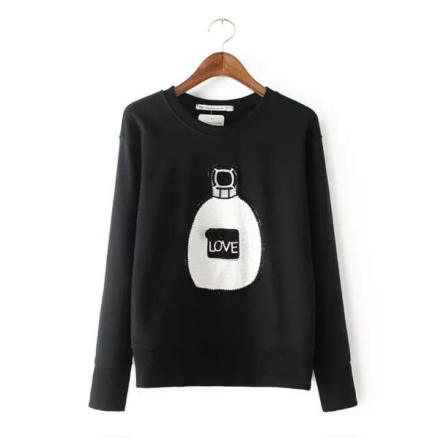 Women Sweatshirts Spring Fashion black floral Perfume Embroidery Pullover long sleeve O-neck hoodies Casual brand