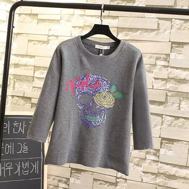 Women Sweatshirts Spring Fashion gray sequins floral Embroidery short Pullover Three Quarter sleeve hoodies Casual brand