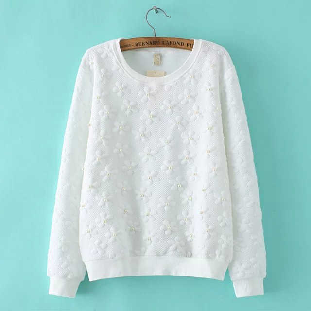 Women Sweatshirts Spring Fashion sweet Beading floral white Pullover vintage O-neck long sleeve hoodies Casual brand tops