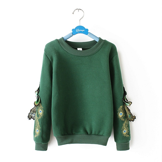 Women Sweatshirts Winter Thick warm Fashion green Peacock Embroidery patchwork Pullover hoodies streetwear Casual brand